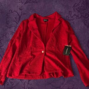 red blazer with gold button and collar